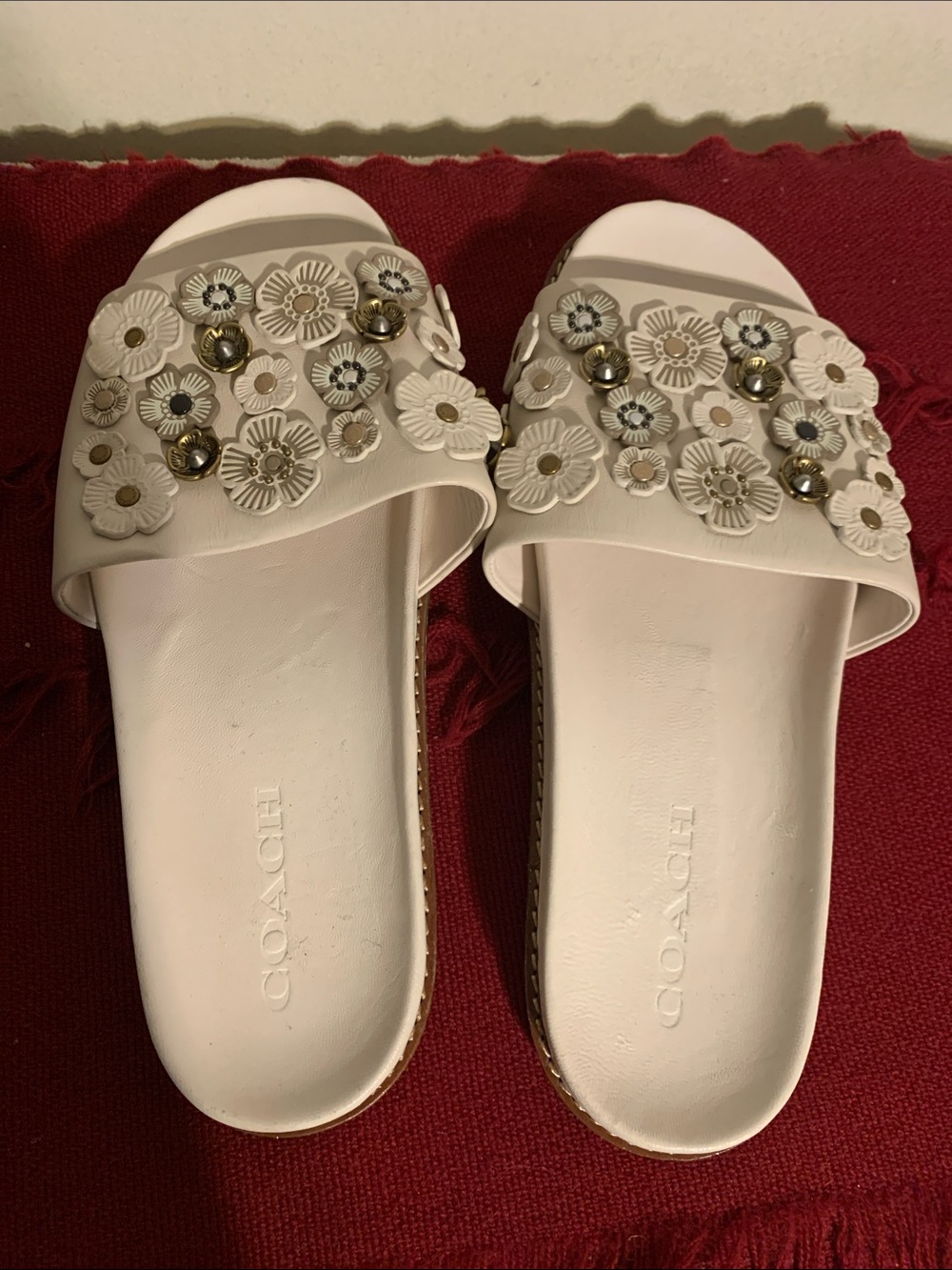 Coach White Floral Appliqué Slide Sandals with Gold Studs - Picture 3 of 4